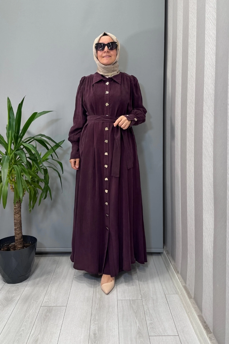 Miss Dalida Düğme Detaylı Kuşaklı Gömlek Yaka Elbise Bordo T25Y-4020