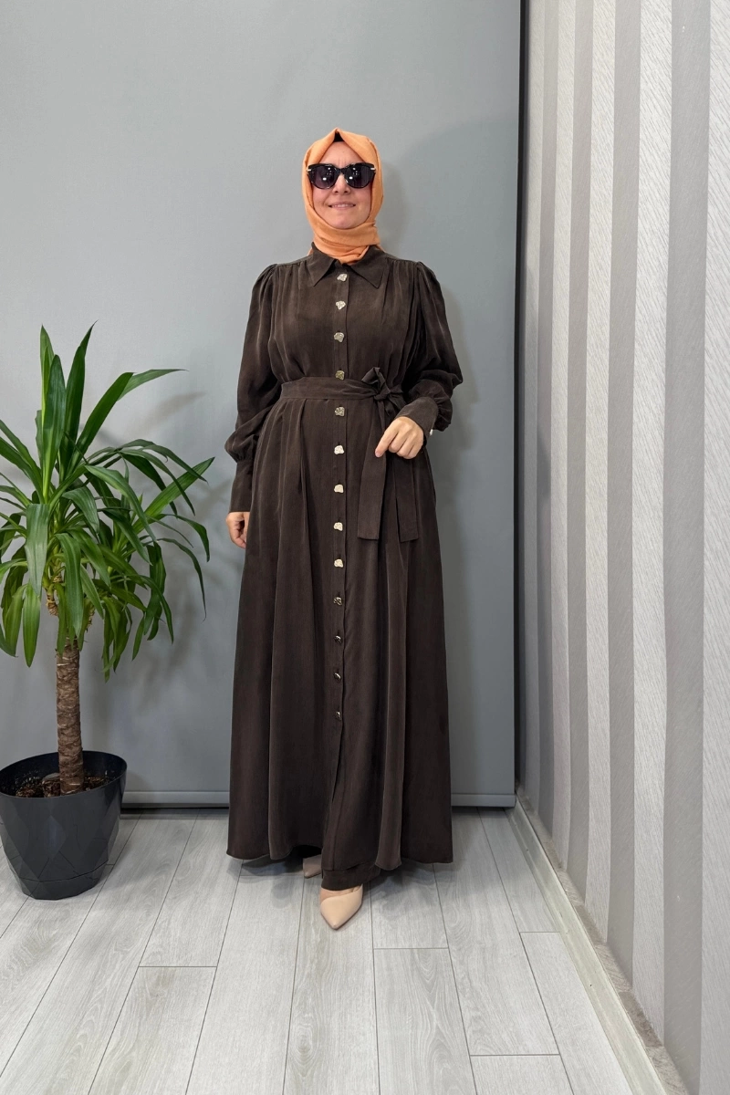 Miss Dalida Düğme Detaylı Kuşaklı Gömlek Yaka Elbise Kahve T25Y-4020
