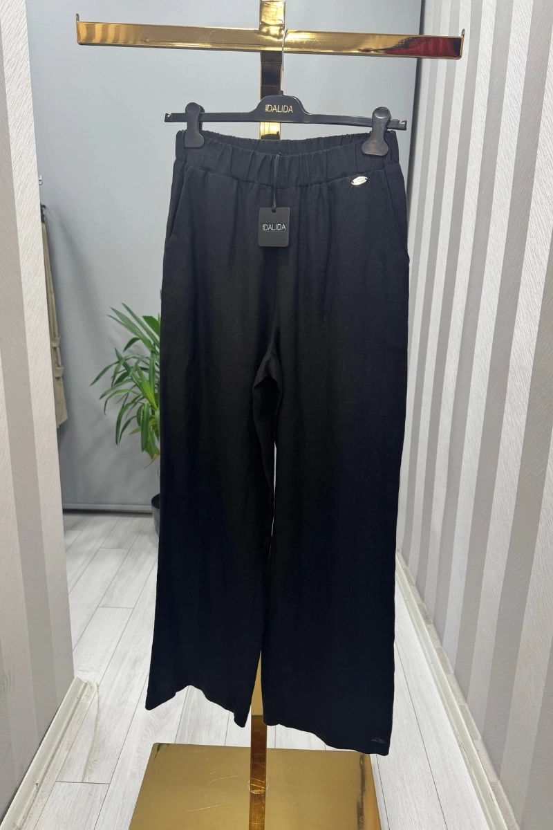 Miss Dalida Düz Renk Bol Paça Keten Pantolon Siyah T25Y-7012