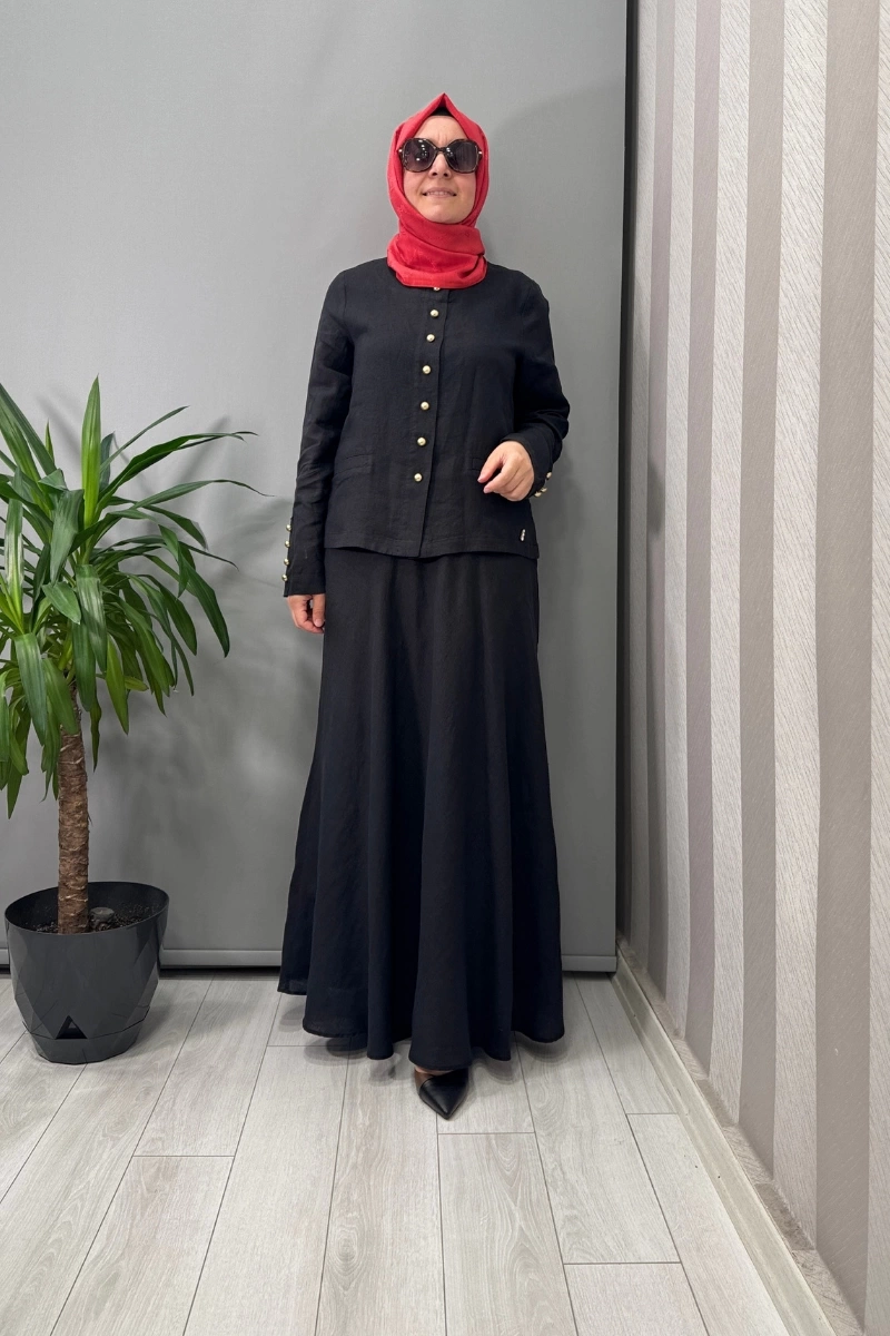 Miss Dalida Düz Renk Keten Kısa Ceket Siyah T25Y-8048