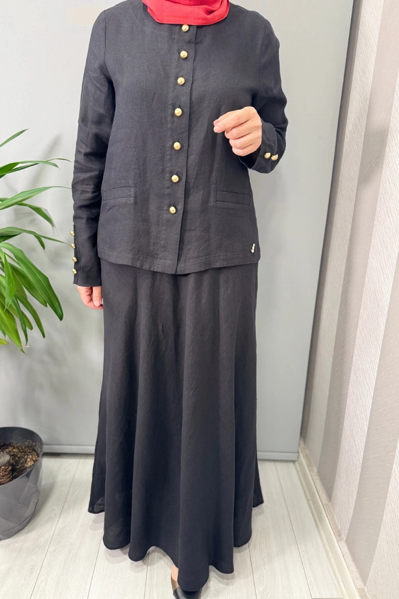 Miss Dalida Düz Renk Keten Kloş Etek Siyah T25Y-2008