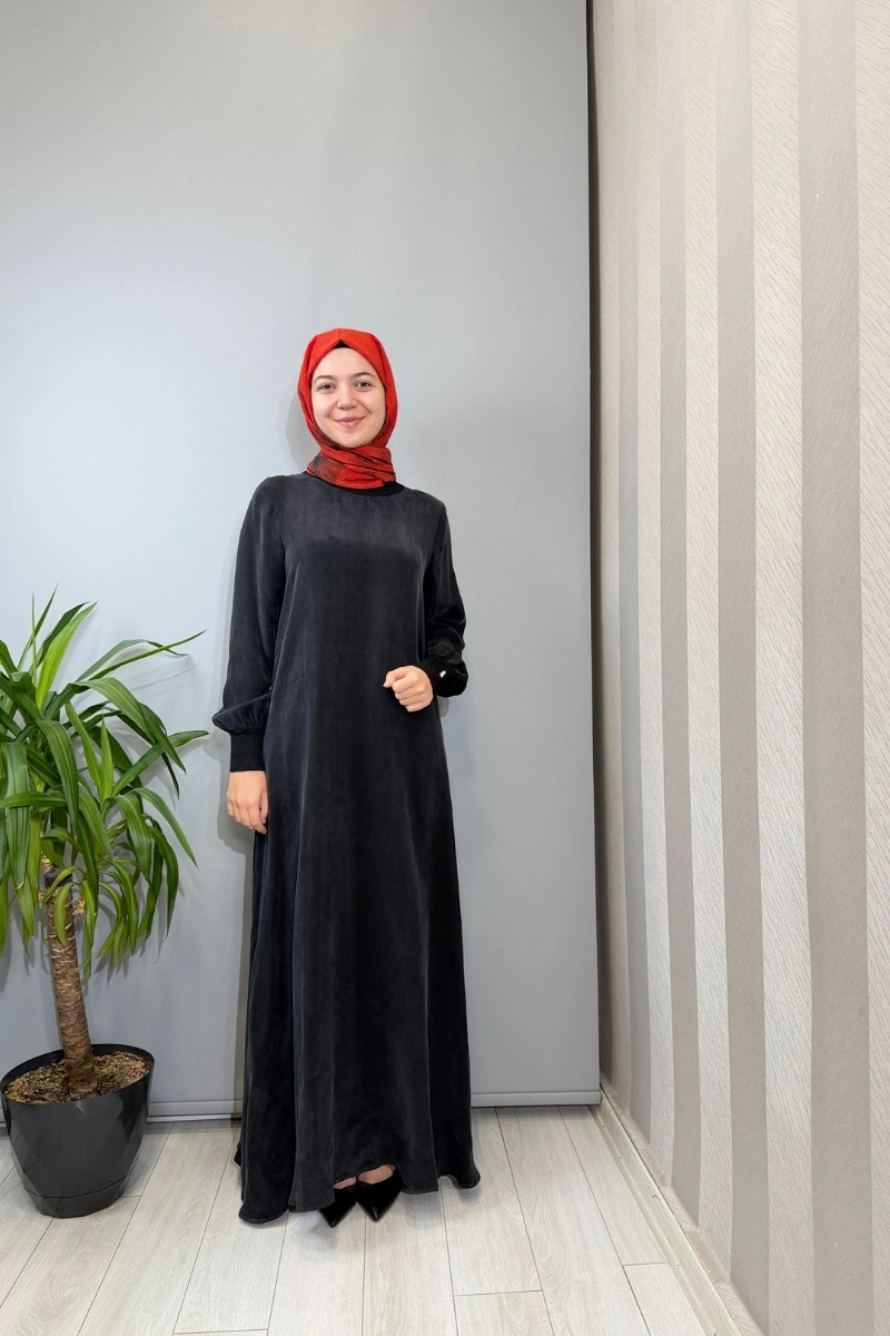 Miss Dalida Düz Renk  Yuvarlak Yaka Cupra Elbise Siyah 2264304