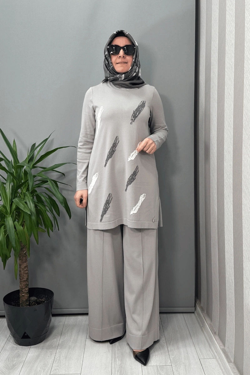 Miss Dalida Fırça Desenli Triko Tunik Gri T25Y-6018