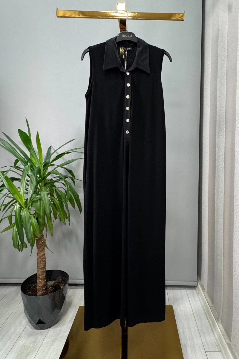 Miss Dalida Gömlek Yaka Düğmeli Kolsuz Elbise Siyah T25Y-4029