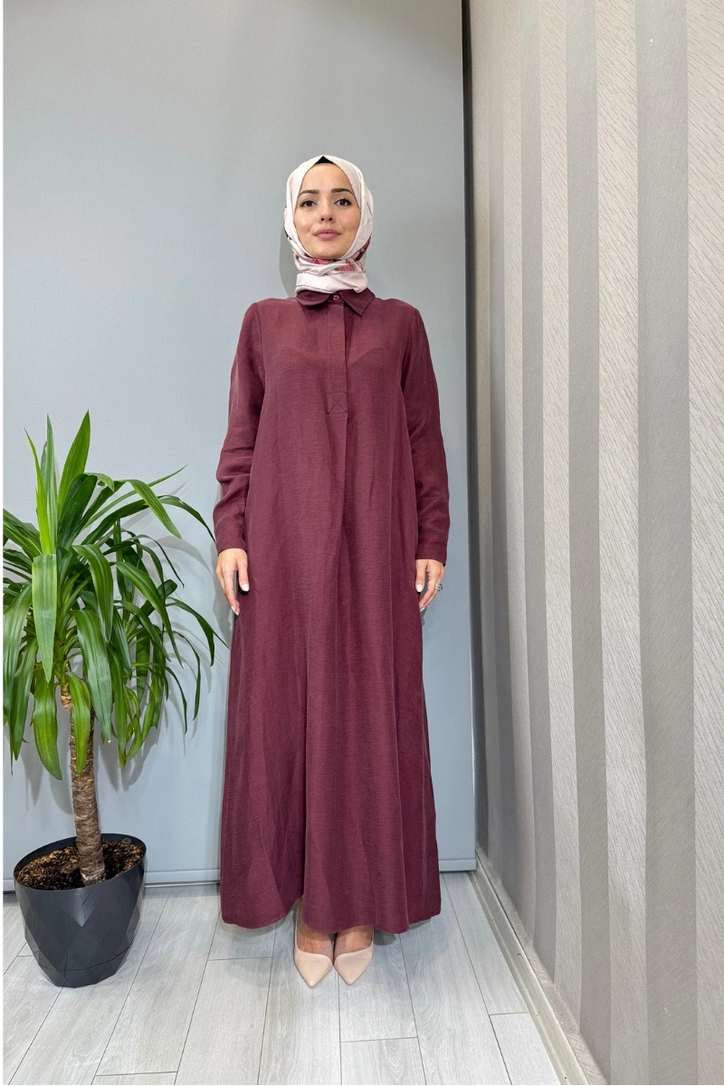 Miss Dalida Gömlek Yaka İpek Keten Uzun Elbise Bordo 2264351