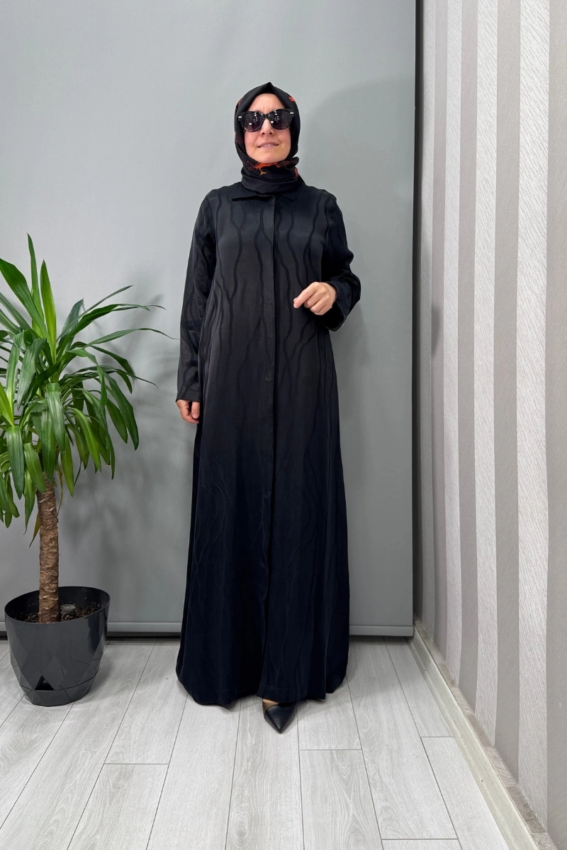 Miss Dalida Gömlek Yaka Jakarlı Cupro Kap Siyah T25Y-8056