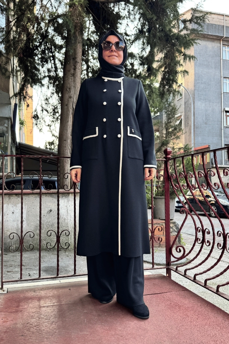 Miss Dalida İki Cepli Renk Şeritli Uzun Hırka Siyah T25K-9004