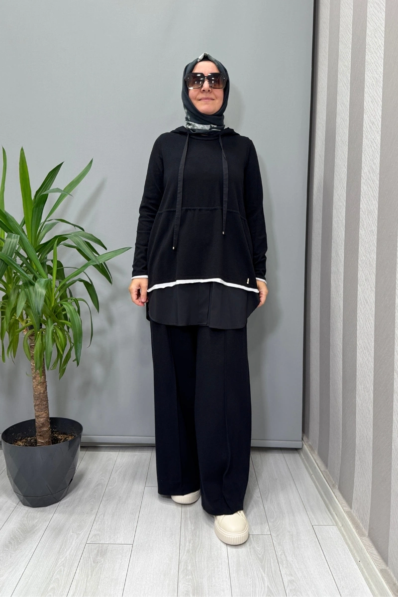 Miss Dalida Kapüşonlu Triko Tunik Siyah T25PF-6005