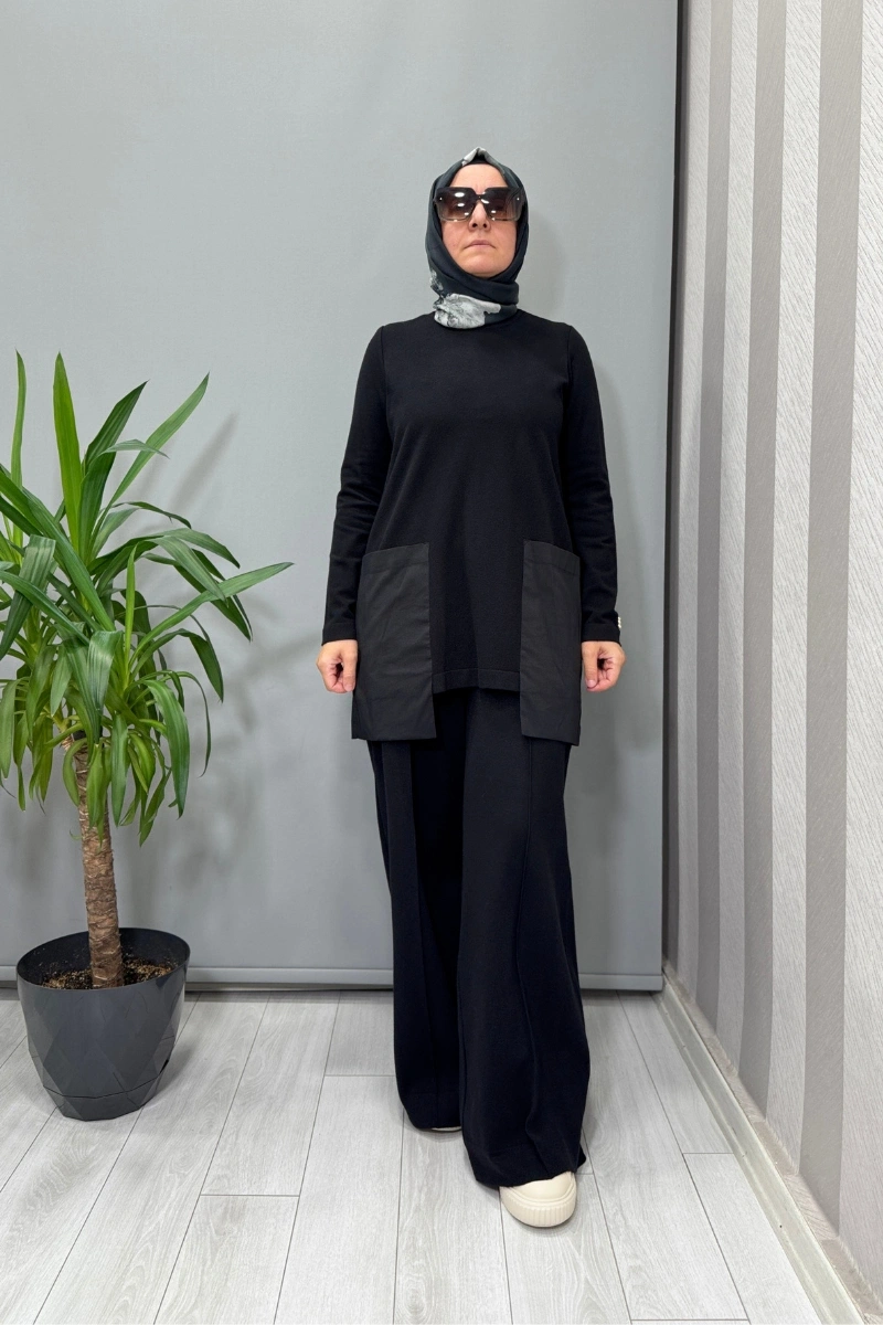 Miss Dalida Poplin Cepli Triko Tunik Siyah T25PF-6006