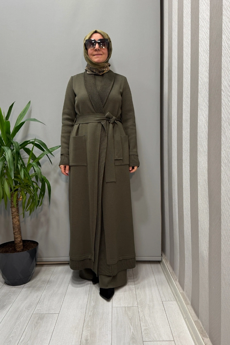 Miss Dalida Selanik Örgü Detaylı Düz Renk Hırka Haki T26K-9006