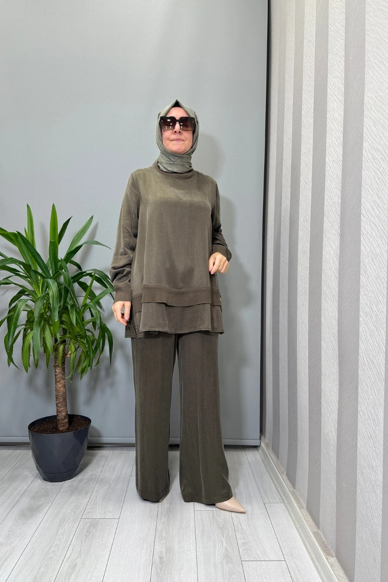 Miss Dalida Triko Detaylı Cupro İpek Tunik Haki T26K-6019