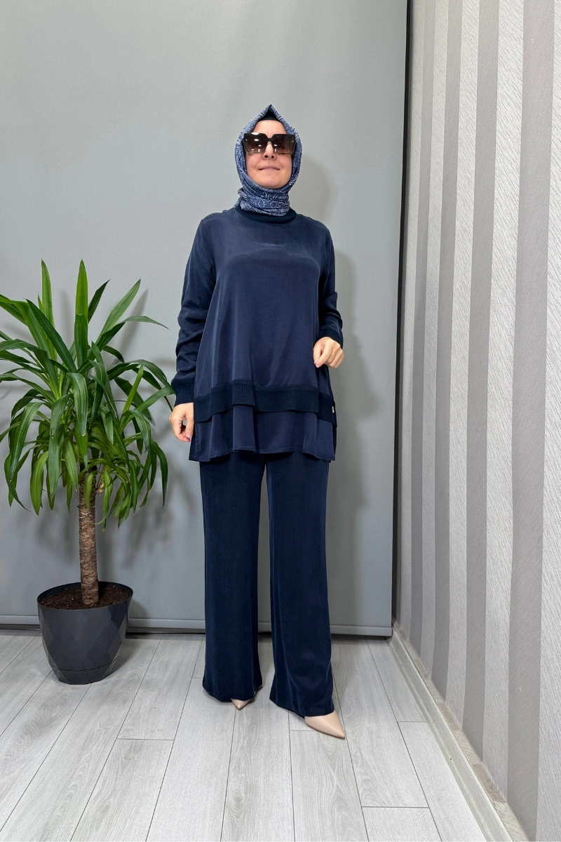 Miss Dalida Triko Detaylı Cupro İpek Tunik Lacivert T26K-6019