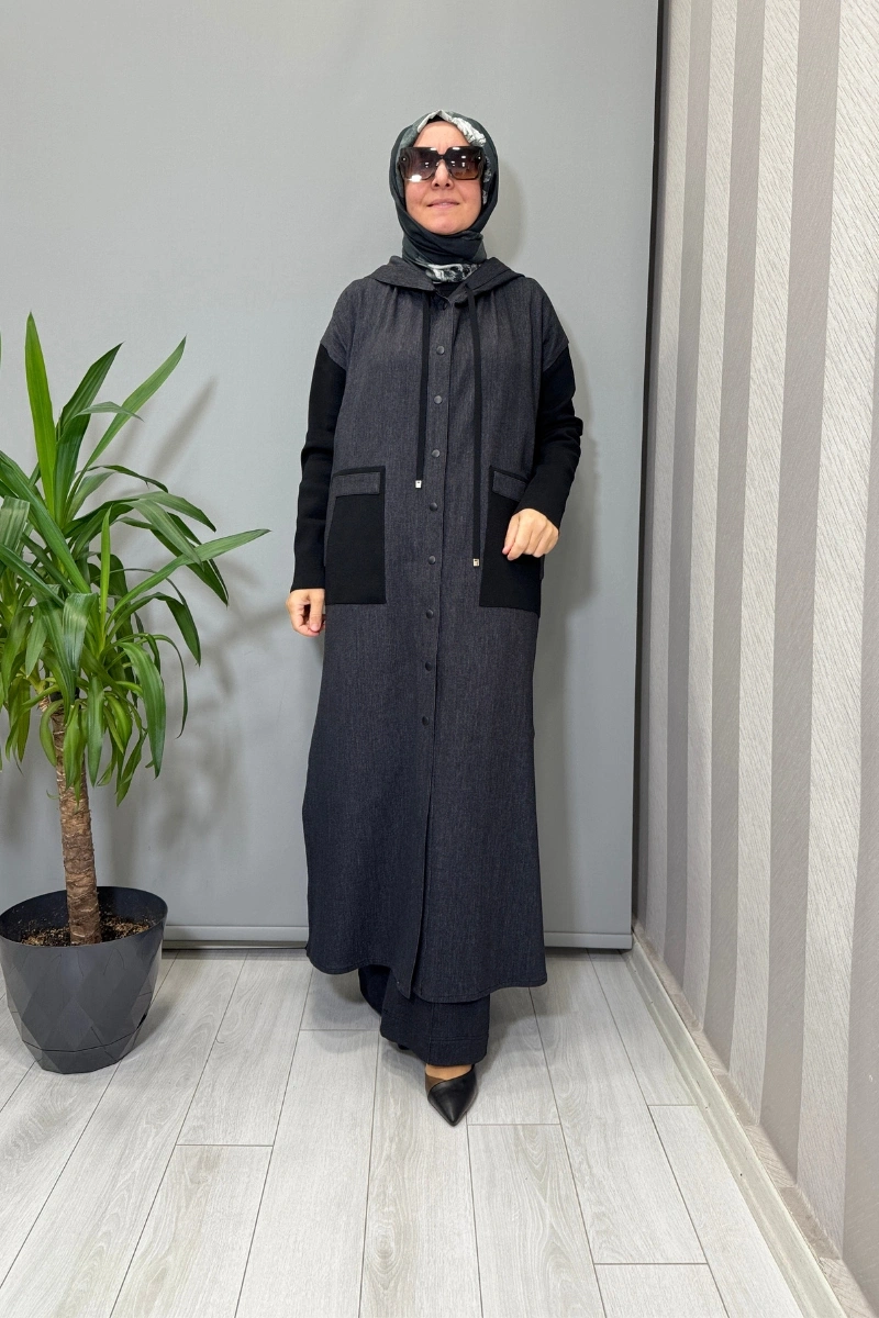 Miss Dalida Triko Detaylı Uzun Denim Kap Siyah T25PF-8010