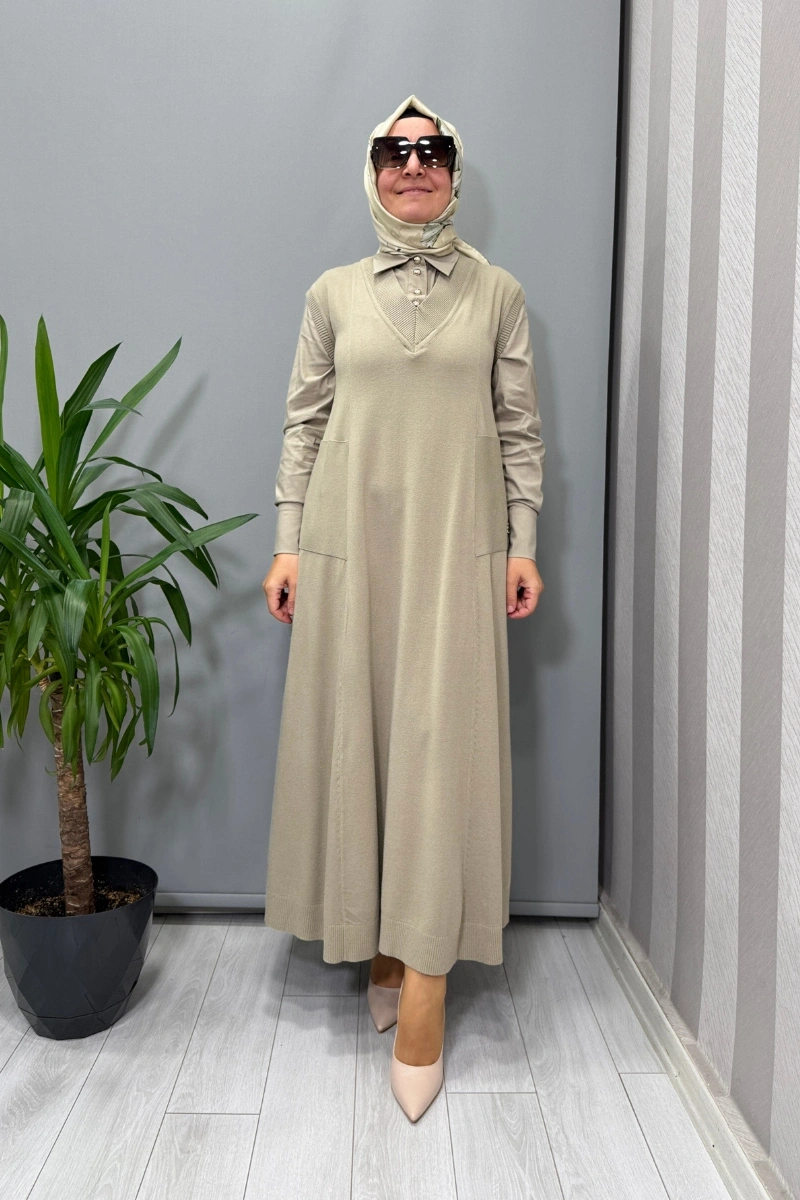 Miss Dalida V Yaka Triko Kolsuz Elbise Küf T25PF-4012