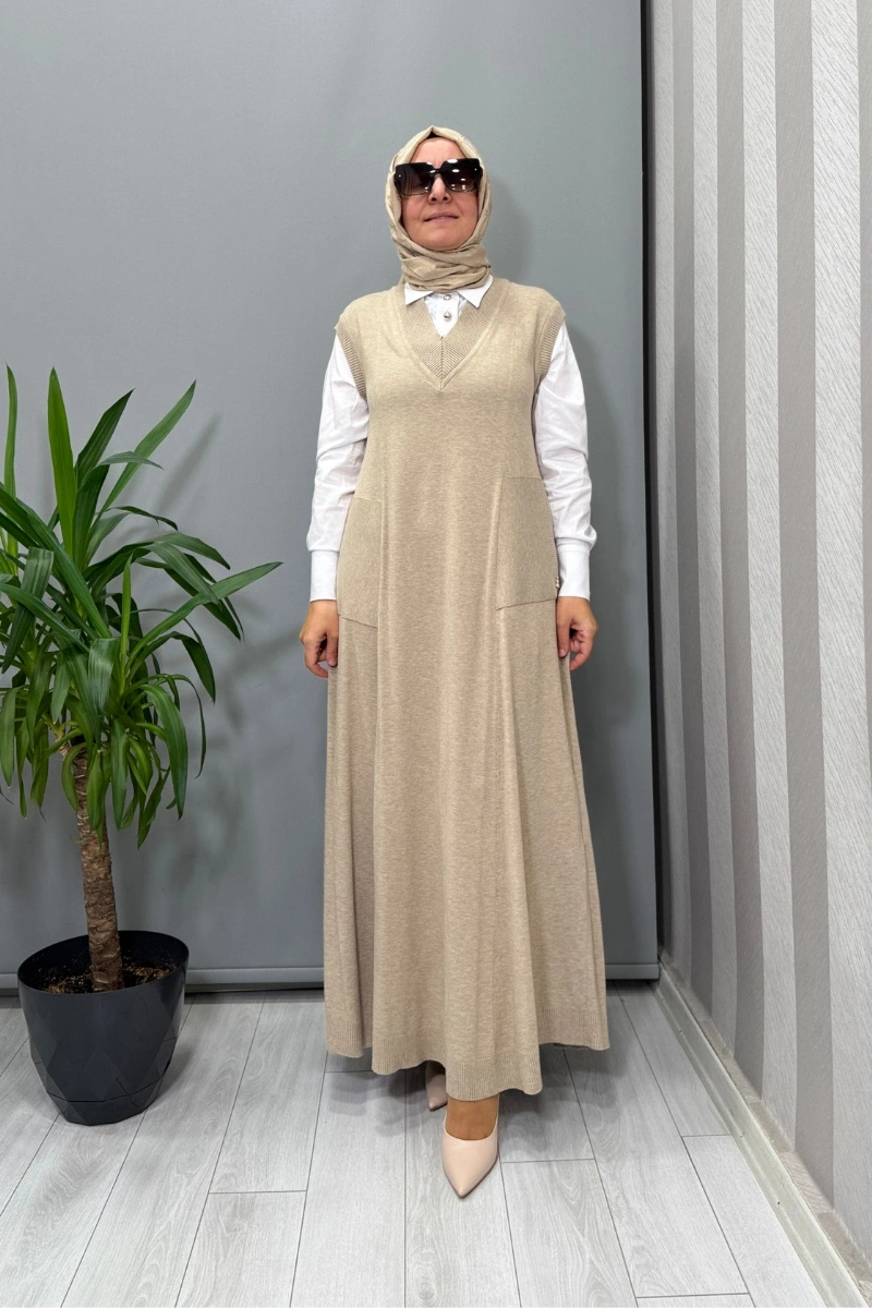 Miss Dalida V Yaka Triko Kolsuz Elbise Vizon T25PF-4012