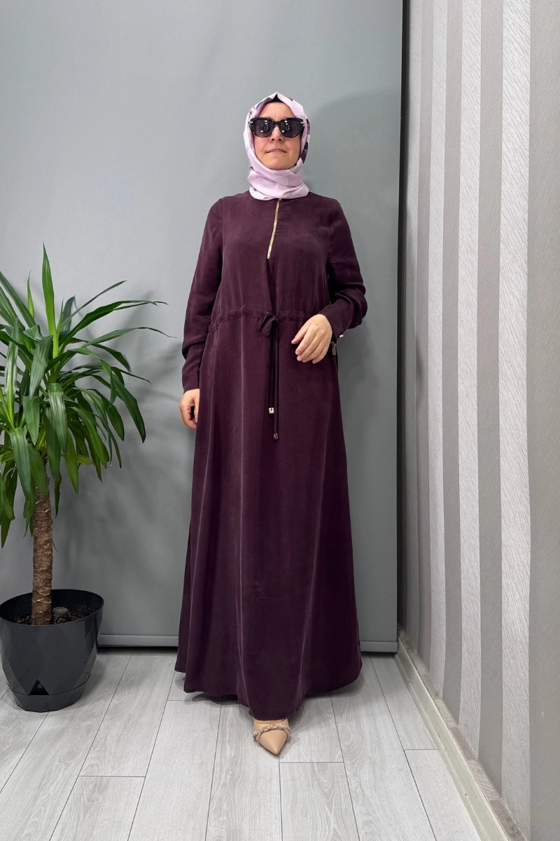Miss Dalida Yakası Fermuarlı Beli Büzgülü Cupro Elbise Bordo T25Y-4011