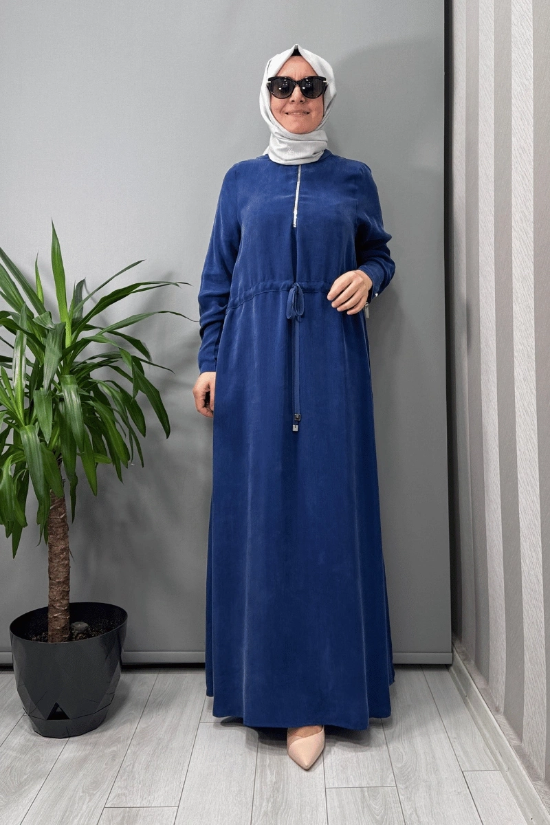 Miss Dalida Yakası Fermuarlı Beli Büzgülü Cupro Elbise İndigo T25Y-4011