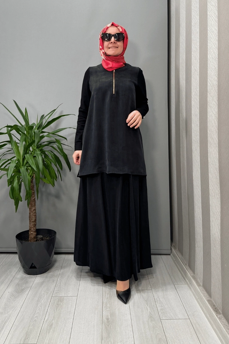 Miss Dalida Yakası Fermuarlı Cupro Tunik Siyah T25Y-6061