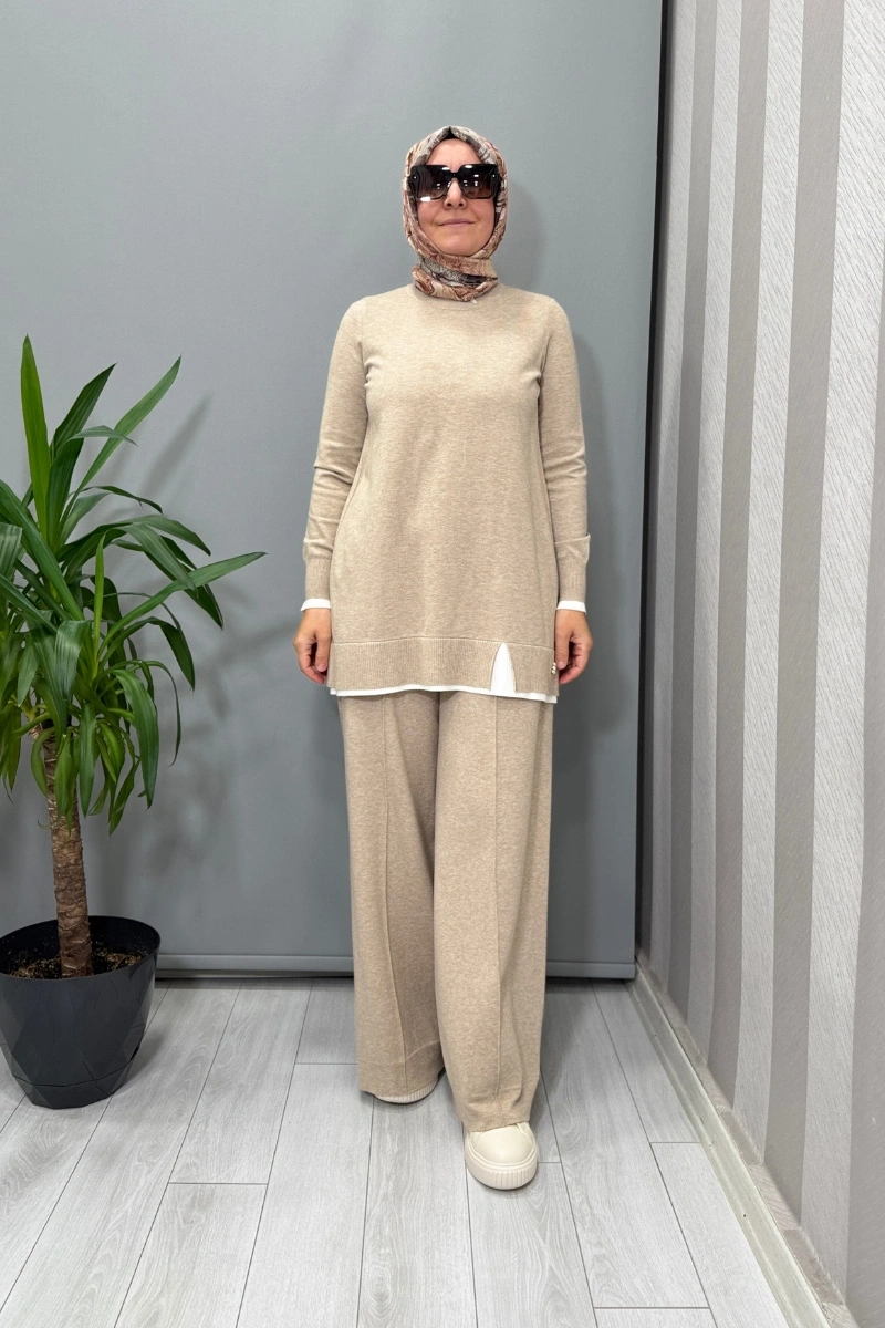 Miss Dalida Yakası Yırtmaçlı Triko Tunik Vizon T25PF-6002