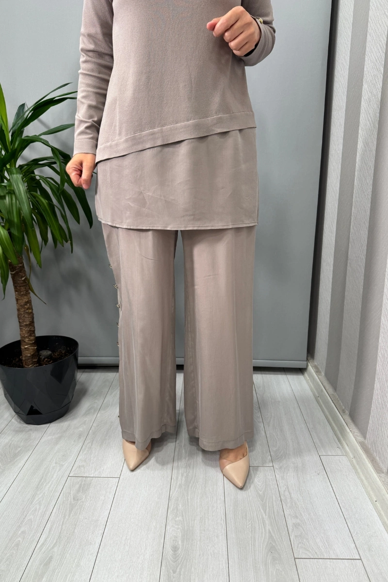 Miss Dalida Yanları Düğmeli Bol Paça Cupro Pantolon Mink T25Y-7008