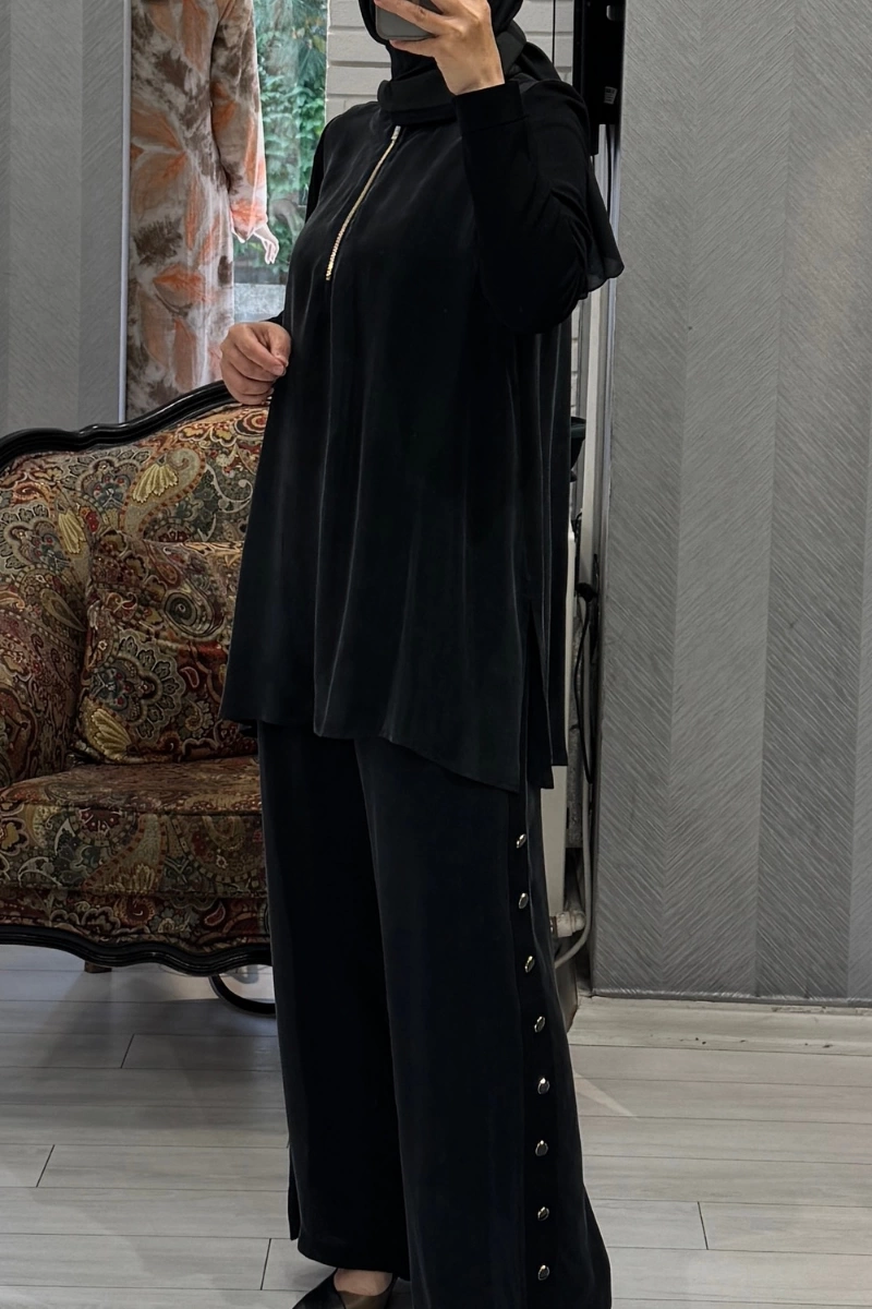 Miss Dalida Yanları Düğmeli Bol Paça Cupro Pantolon Siyah T25Y-7008