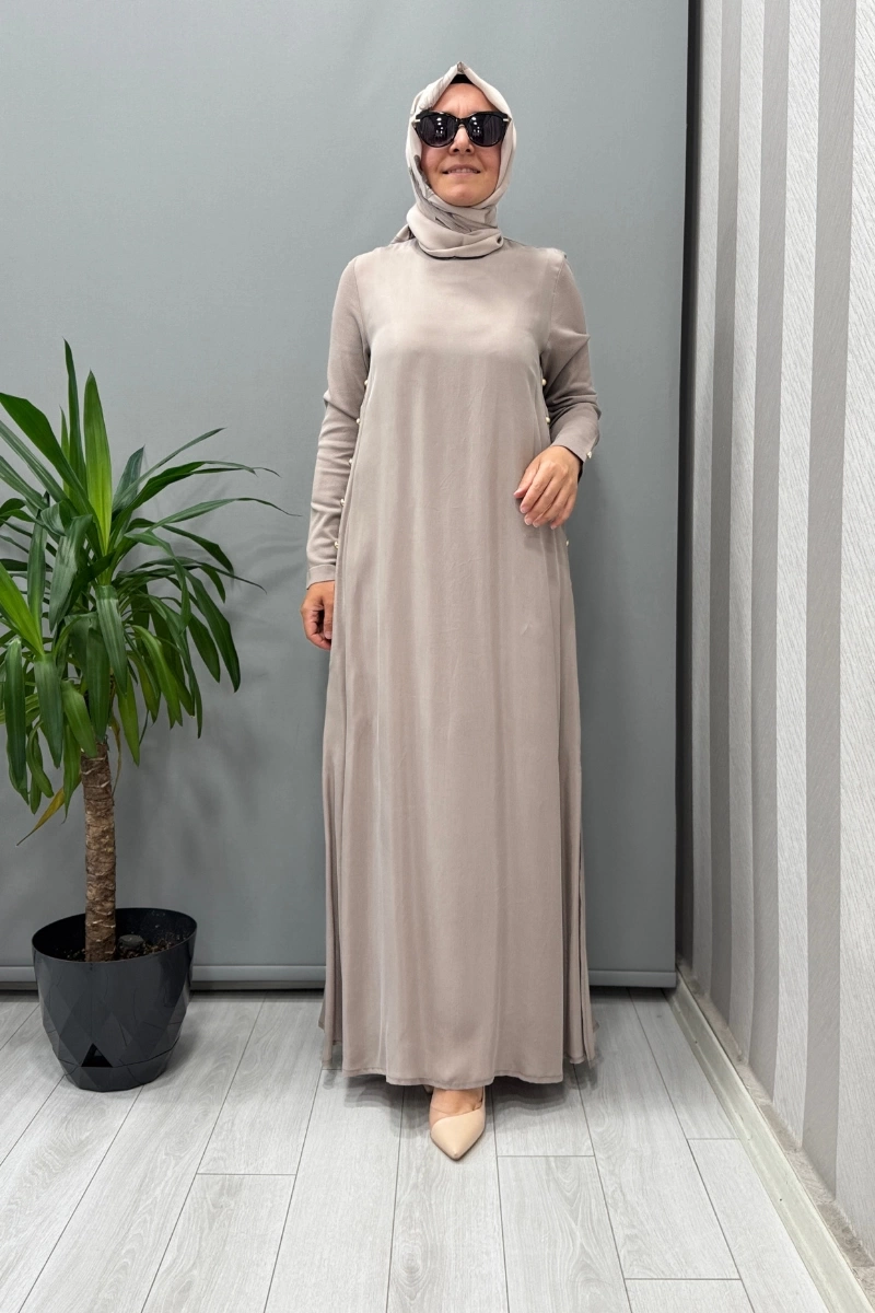 Miss Dalida Yanları Düğmeli Cupro Elbise Mink T25Y-4052