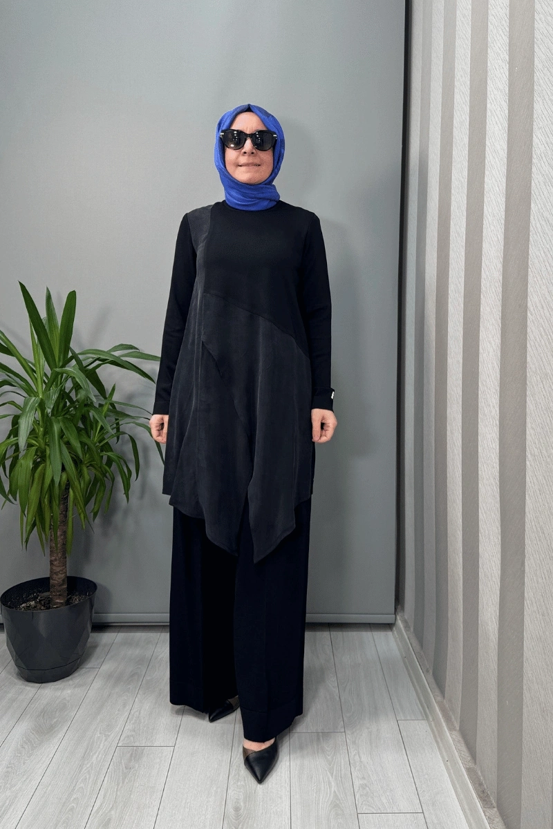 MissDalida Kruvaze Kesim Cupro Triko Tunik Siyah T25Y-6022