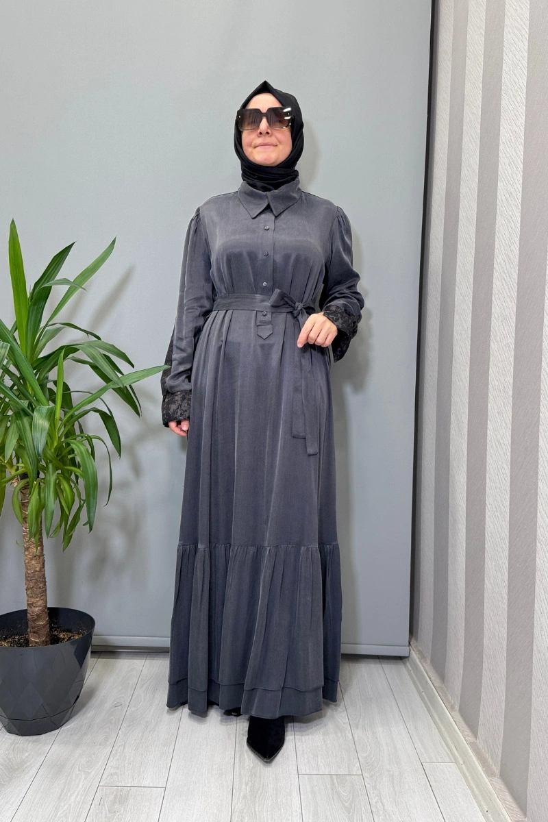 Misswhence Arkası Desenli Cupra İpek Elbise Gri 38827