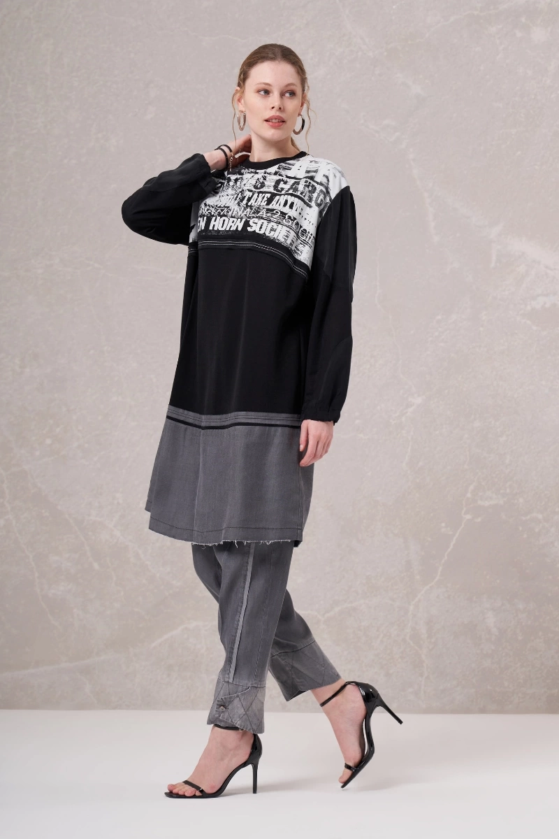 Misswhence Baskılı Penye Tunik Siyah 35002