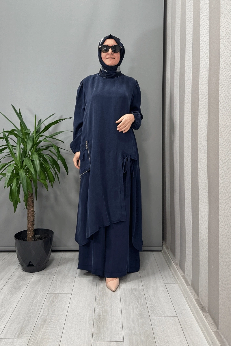 Misswhence Cep Ve Yırtmaç Detaylı Tunik Pantolon Takımı Lacivert 37023