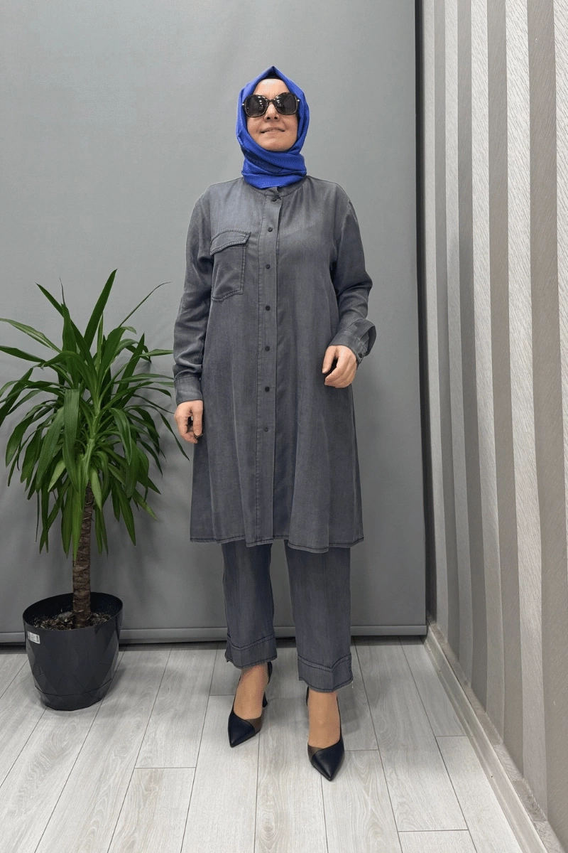 Misswhence Çıtçıtlı Tencel Gömlek Gri 37303