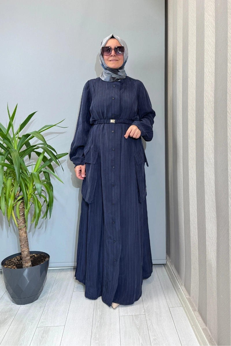 Misswhence Çizgi Desenli Cep Detaylı İpek Pardesü Lacivert 39828