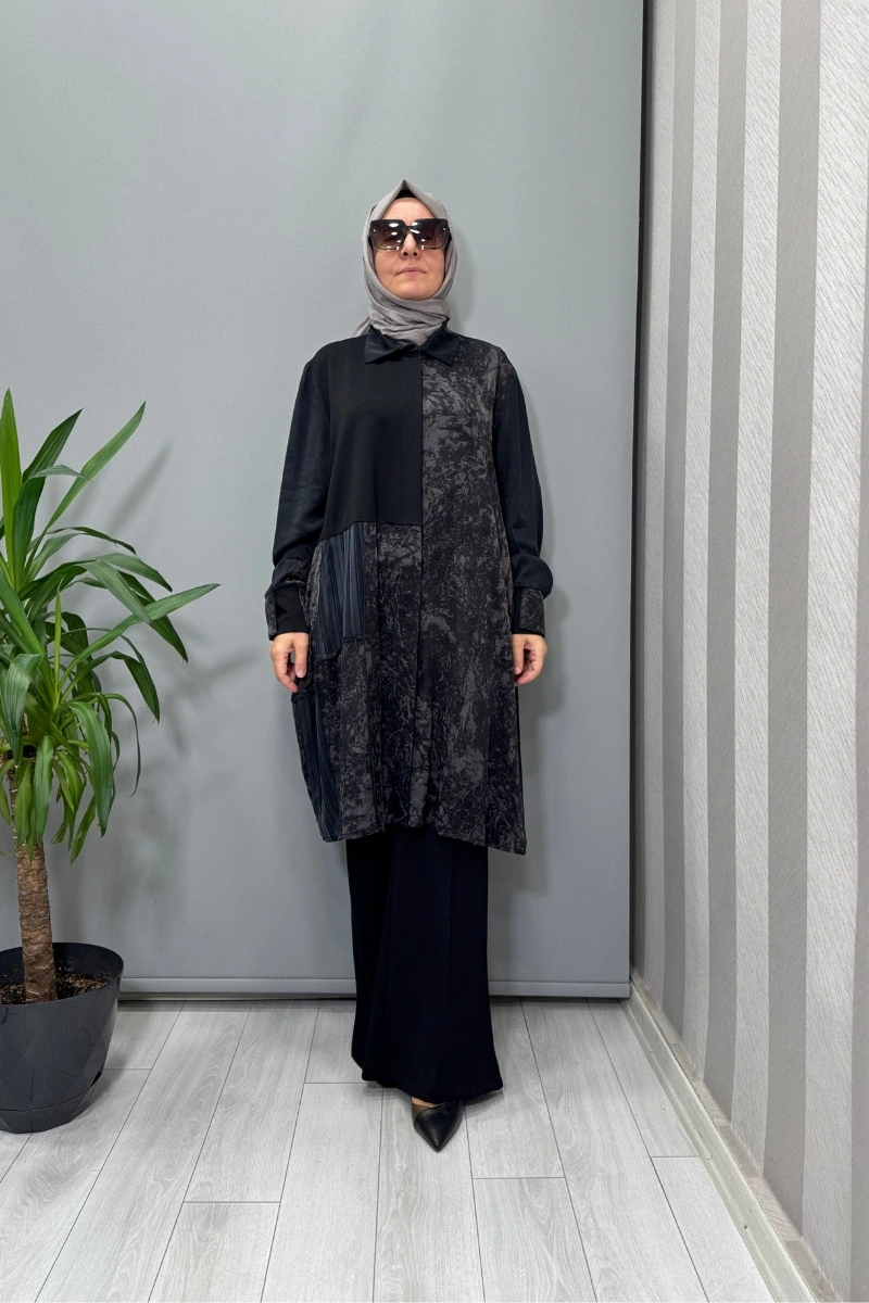 Misswhence Desenli Parça Detaylı İpek Gömlek Siyah 38303