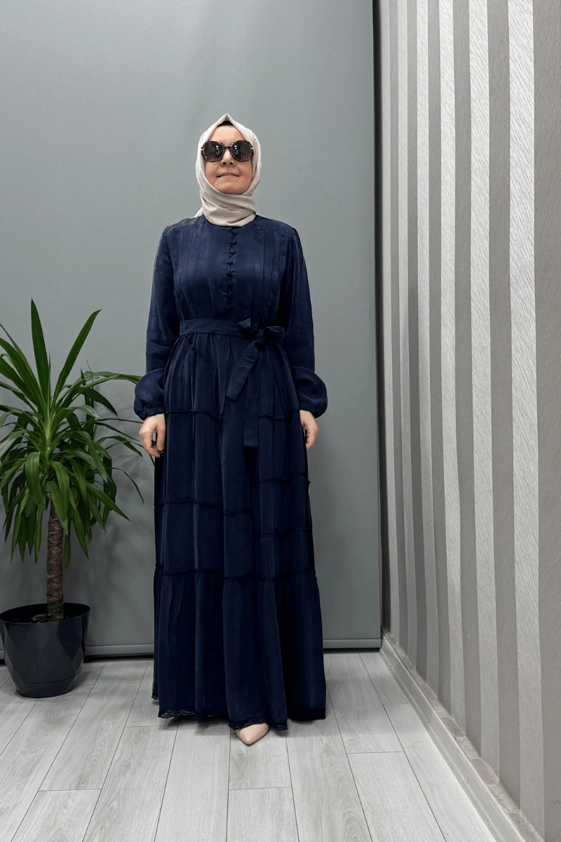 Misswhence الزر تفصيل فستان ثقيل كوبرا أزرق 37809