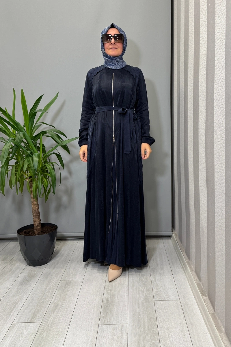 Misswhence Fermuar Detaylı Jakarlı Cupra İpek Elbise Lacivert 38835