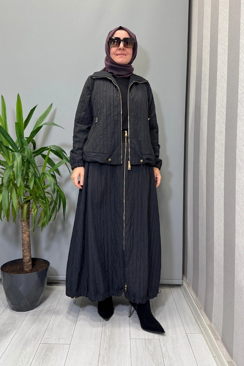 Misswhence Fermuar Detaylı Tafta Ceket Etek Takım Siyah 38216