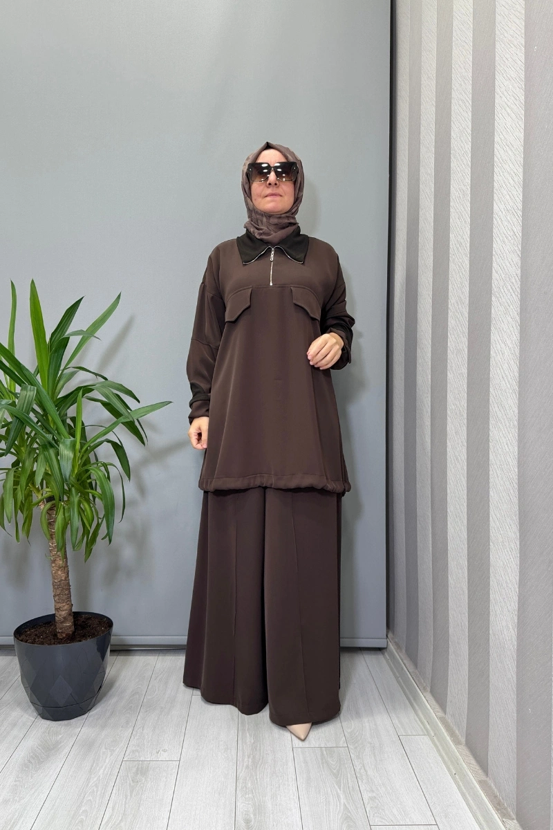 Misswhence Fermuar Yakalı Tunik Pantolon Takım Kahve 38008