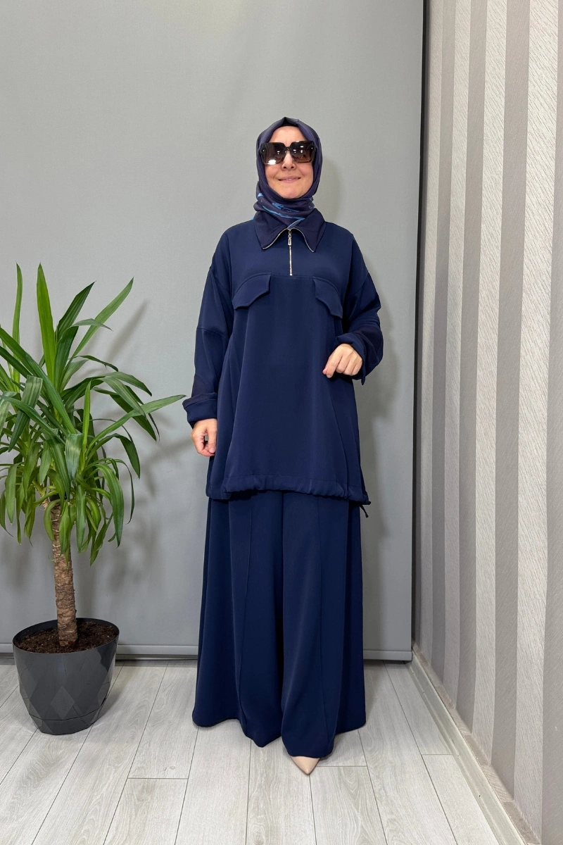 Misswhence Fermuar Yakalı Tunik Pantolon Takım Lacivert 38008