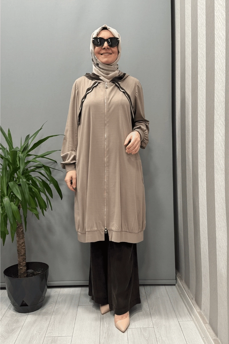 Misswhence Fermuarlı Kapüşonlu Penye Kap/Ceket Vizon 37415