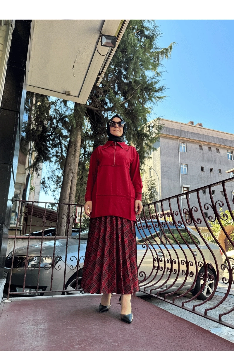 MissWhence Fermuarlı Triko Tunik Kırmızı 36013