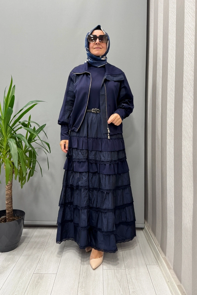 Misswhence Fırfır Detaylı Ceket Elbise Takım Lacivert 38807
