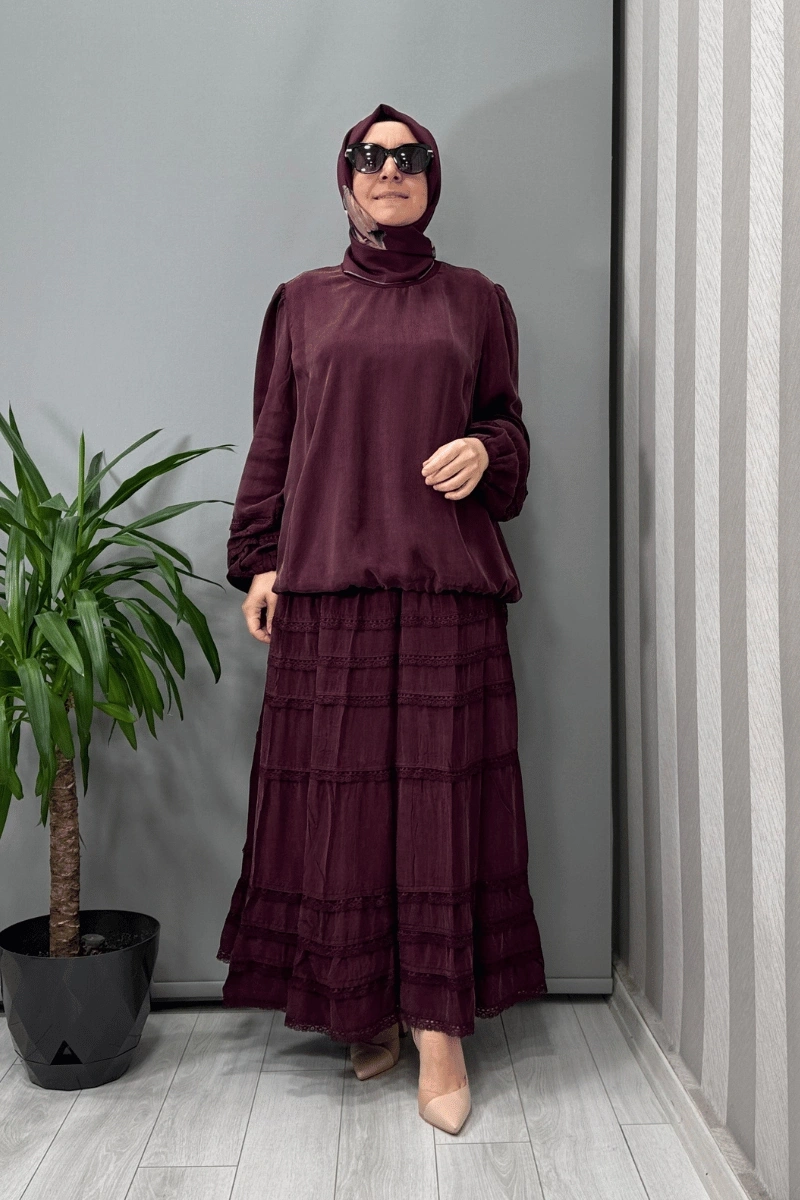 Misswhence Güpür Detaylı Bluz Etek Takım Bordo 37005