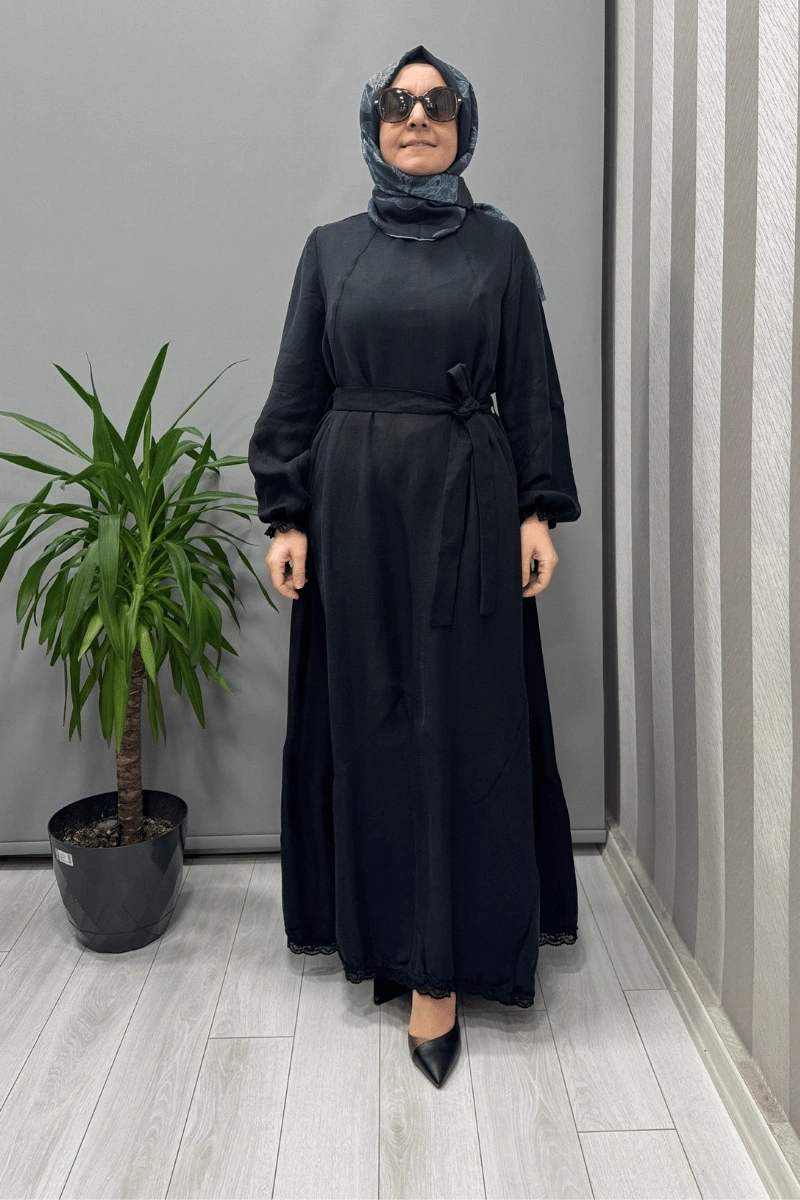 Misswhence Güpür Detaylı İpek Keten Elbise Siyah 37831