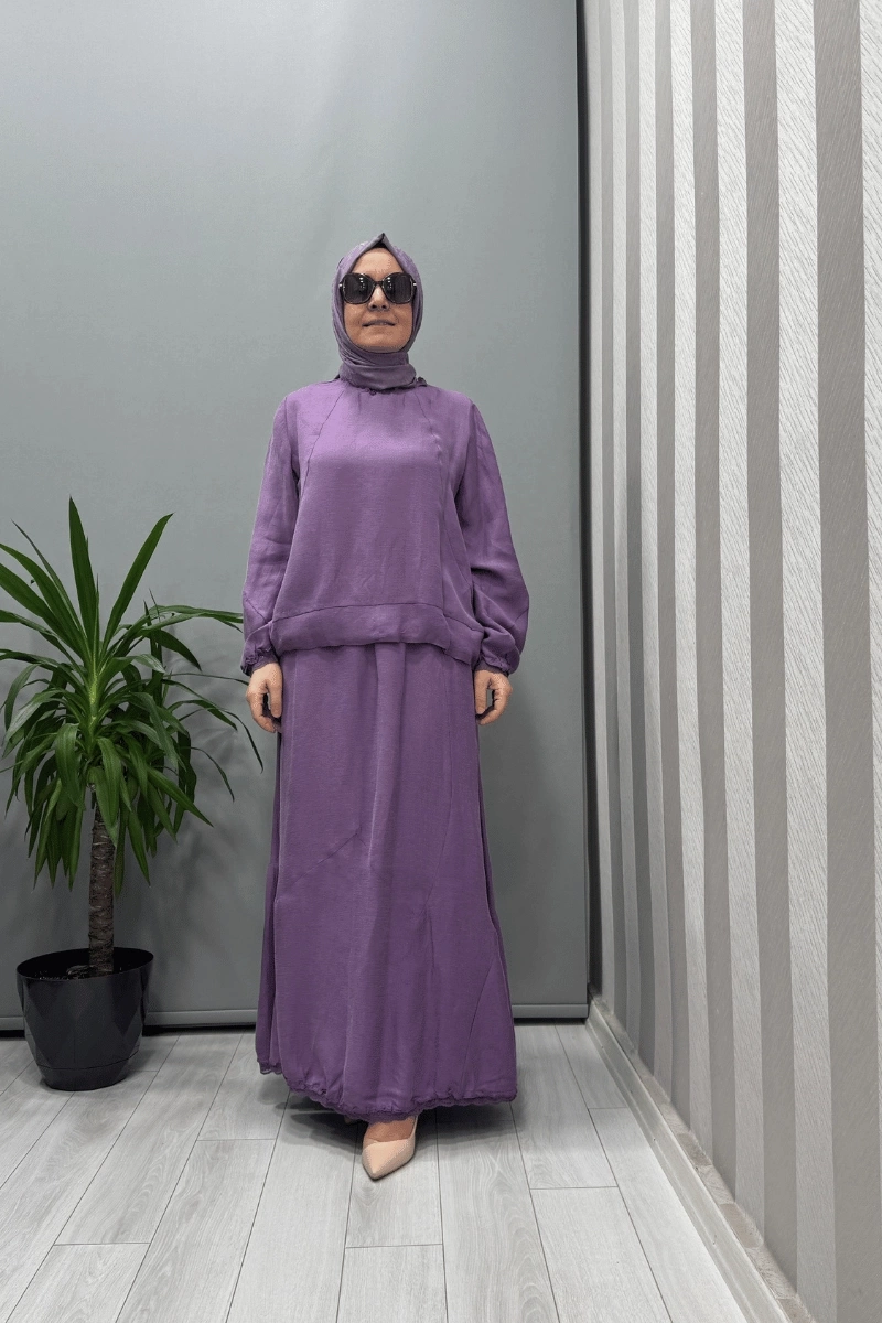 Misswhence Silk Linen Blouse Skirt Set Lilac 37000