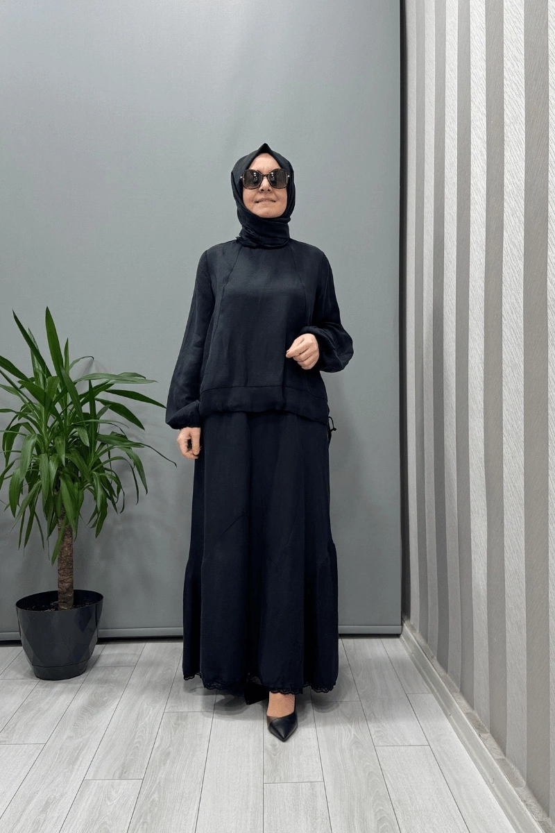 Misswhence Silk Linen Blouse Skirt Set Black 37000