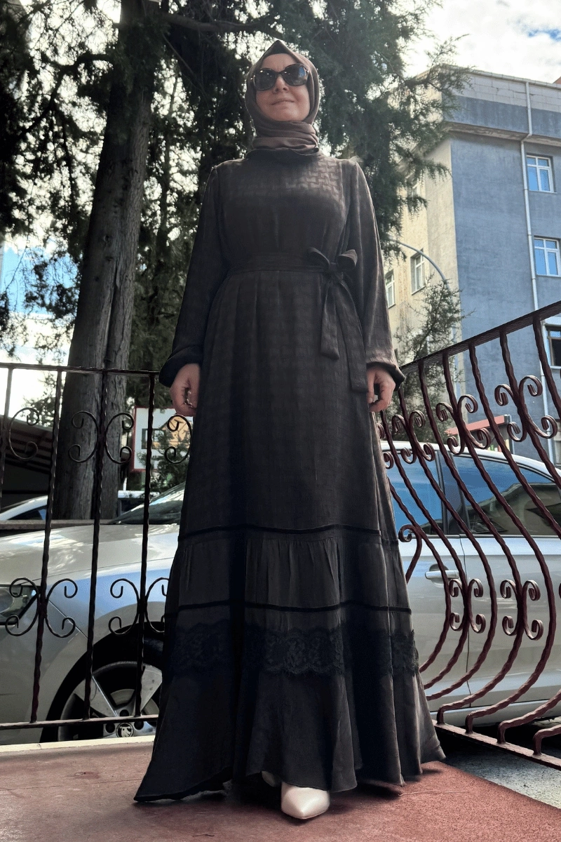 MissWhence Velvet Panel Silk Dress Brown 36811