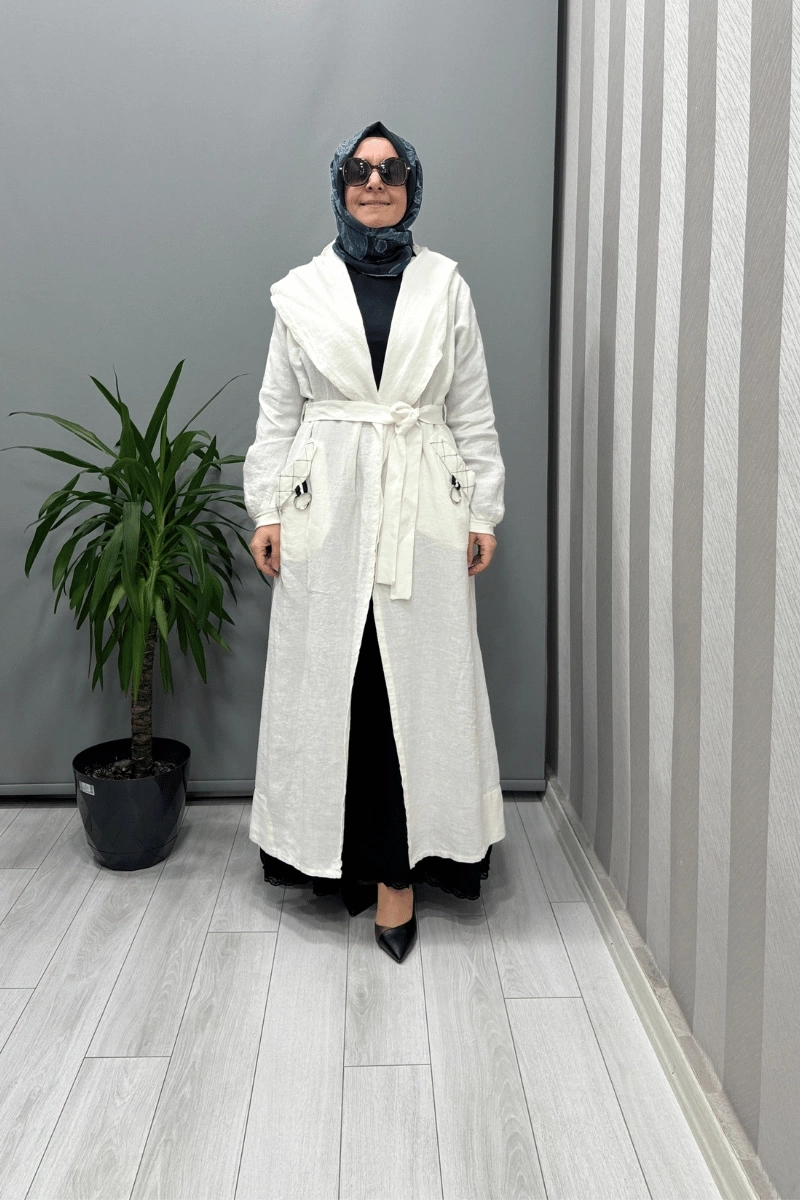 Misswhence Kapüşonlu Keten Kap Beyaz 37401