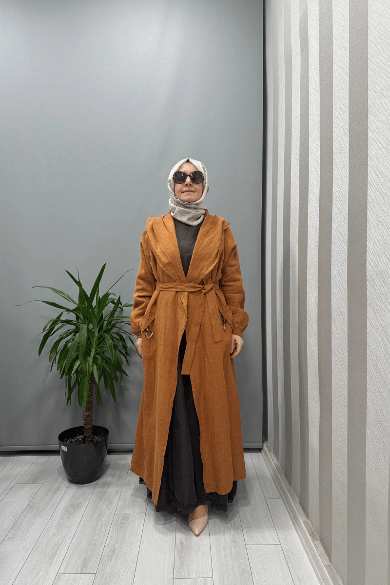 Misswhence Kapüşonlu Keten Kap Tarçın 37401