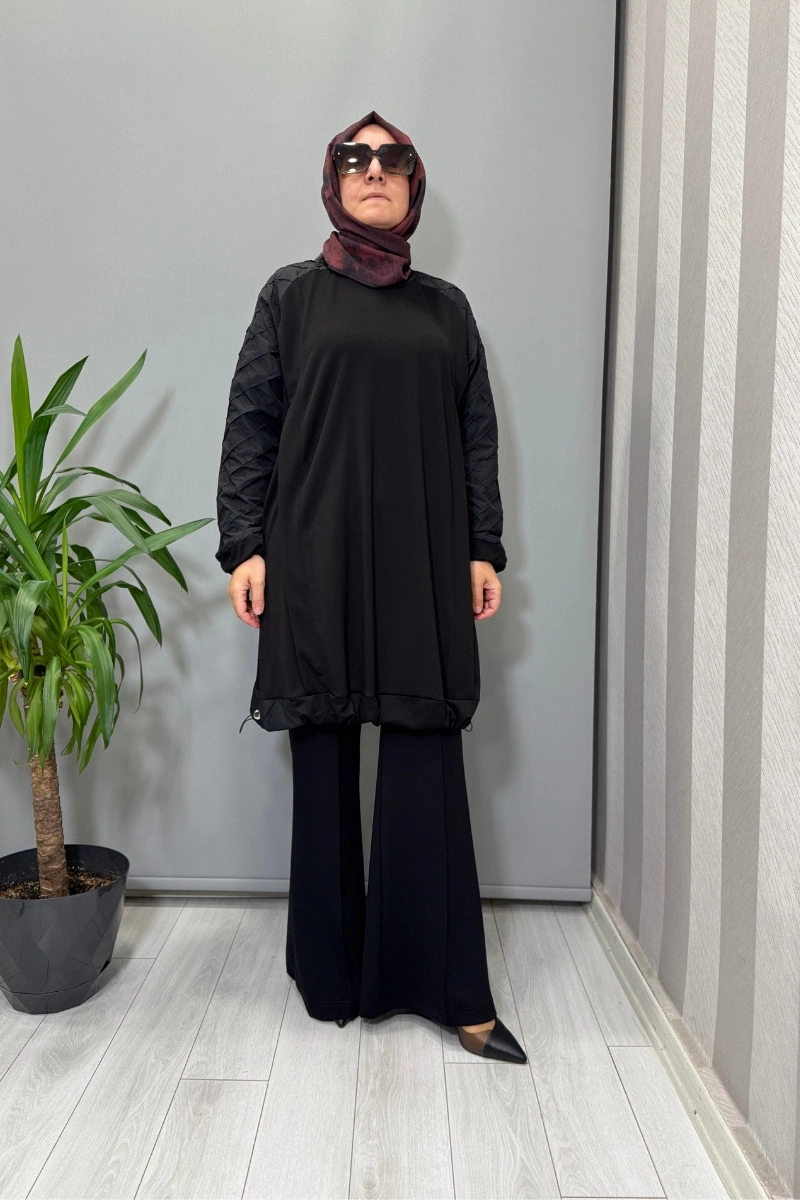 Misswhence Kolu Kumaş ve Diliş Detaylı Tunik Siyah 38040