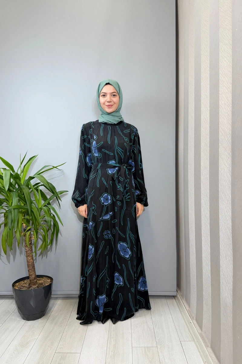 Misswhence Mavi Çiçekli Cupra İpek Elbise Siyah 39844
